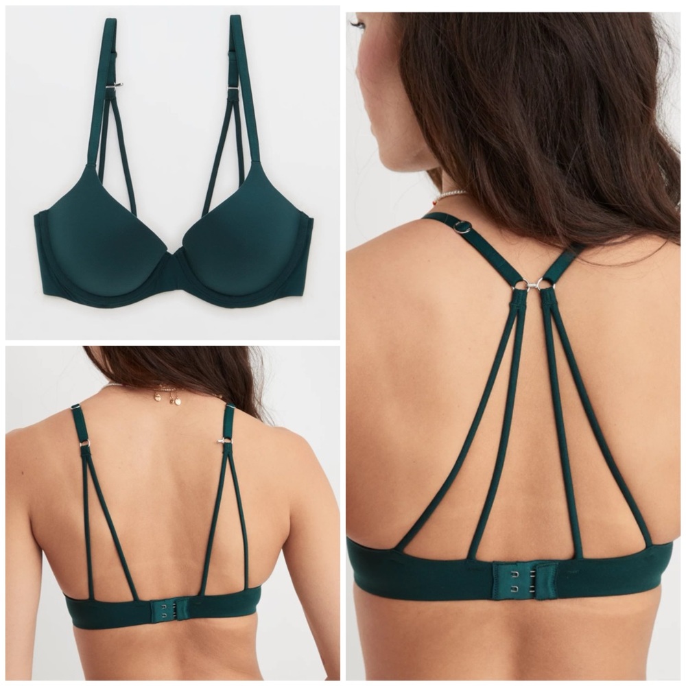 Aerie Real Sunnie Demi Push Up Strappy Bra in Deep Forest Green NWT 36B